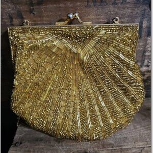 Vintage Handmade Purse - Beaded Shell Gold Evening Formal with Chain Strap